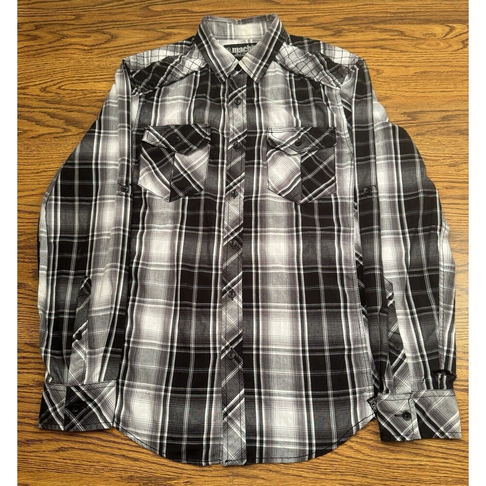 Machine Mens Long Sleeve Shirt SMALL Plaid Button Down Black Gray Western